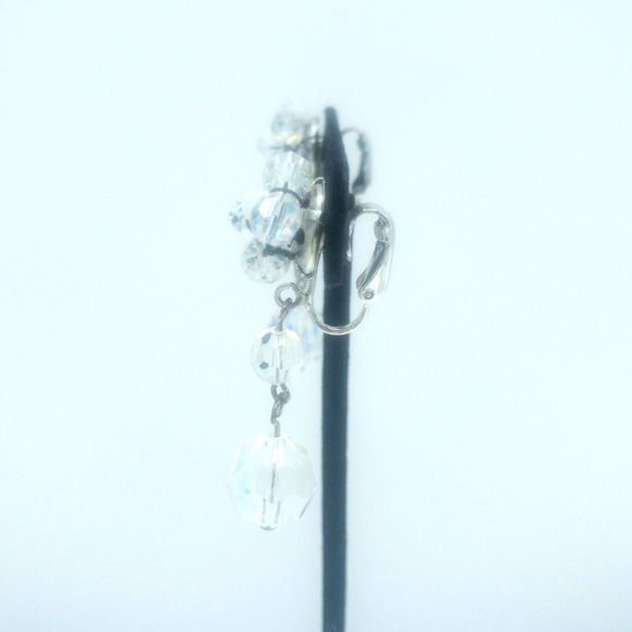 Vintage Aurora Borealis Clear Beaded Dangle Clip-On Earrings Faceted 1.75" - Picture 2 of 12